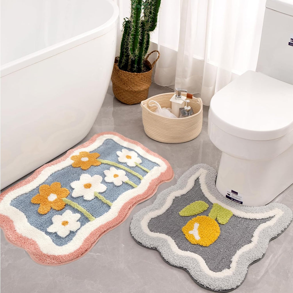 Bathroom Rug Set 2 Piece, Pink Microfiber Bath Mat & U-Shaped Toilet Rug, Non-Slip Washable Carpet 32x20 & 22x20