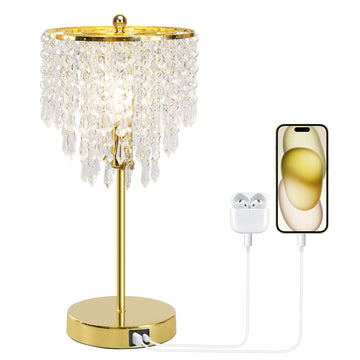 Crystal Table Lamp with USB C+A Ports, 3-Way Dimmable Touch Lamp, Gold Lamp