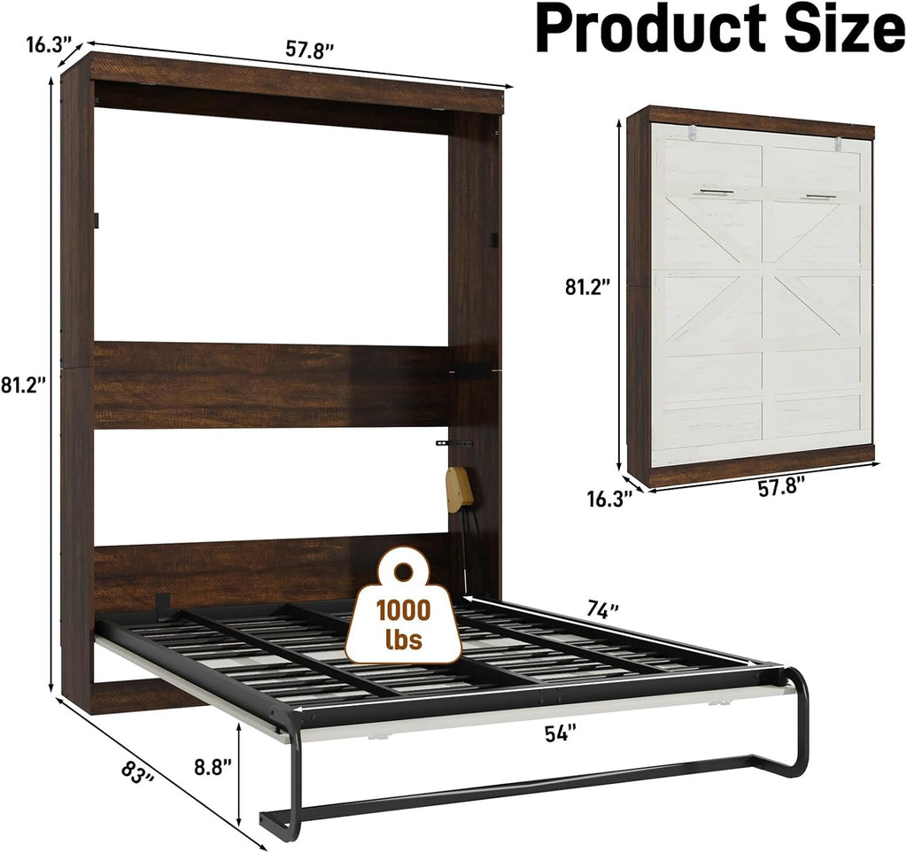 Full Murphy Bed with 2 LED Lights, Farmhouse Wood Hidden Foldable Wall Bed Frame w/Gas Struts, Storage Bed Cabinet