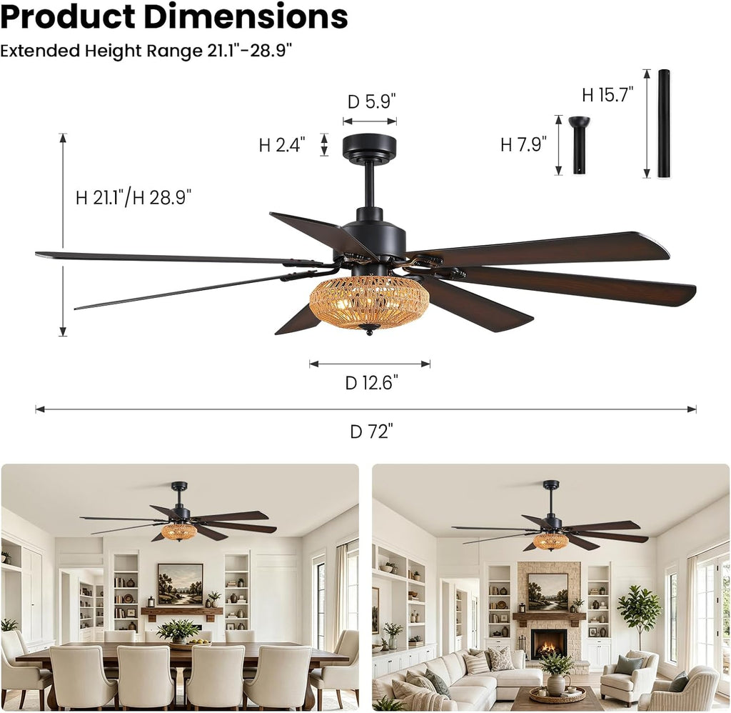 72 Inch Ceiling Fan with Light Indoor Rustic Farmhouse Matte Black 7 Blades APP and Remote Control