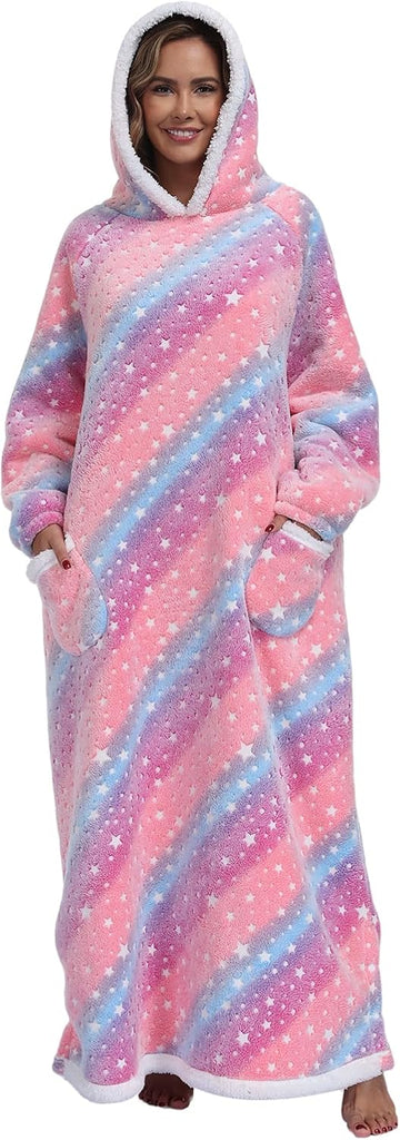 Oversized Wearable Hooded Blanket with Print Glow in The Dark Long Size(59in) Sherpa Warm Sweatshirt for Women
