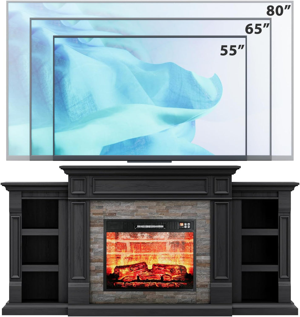 72" Electric Fireplace with Mantel, Fireplace TV Stand for TVs Up to 80 Inch, Modern Entertainment Center with Storage, Realistic 3D Flame Effect and Stacked Stone Surround Design for Living Room