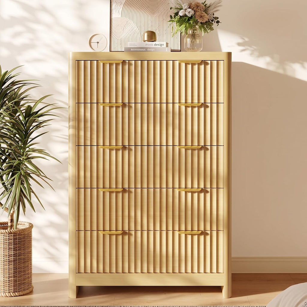 Fluted 47" Tall Dresser with 5 Drawers, Modern Chest of Drawers with Metal Handle & Deep Storage, Wood Closet Clothes