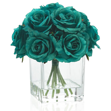 Rose Artificial Flowers in Vase with Faux Water, Peacock Green
