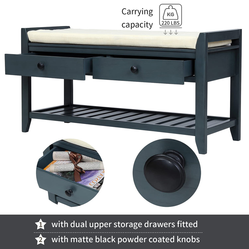 Shoe Storage Bench with Padded Cushion, Rustic Storage Bench with Woven Rattan Doors and Adjustable Shelves, Grey