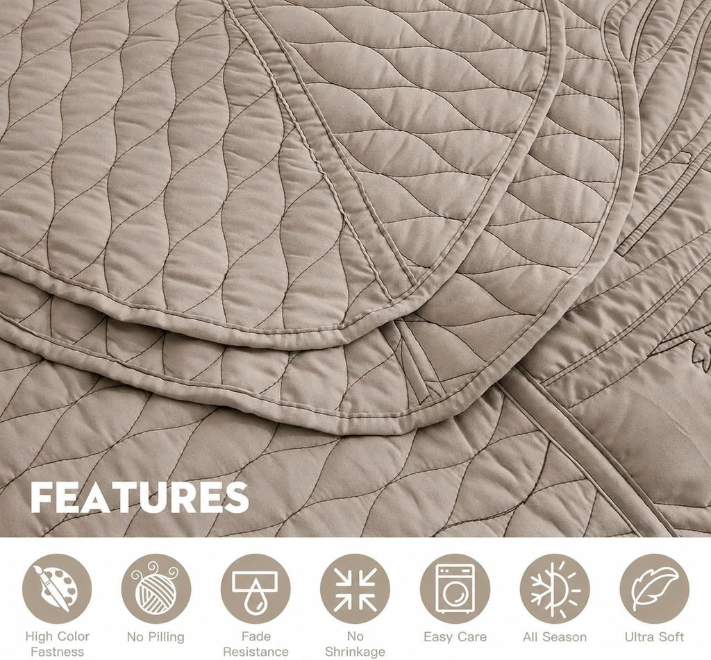 Botanical Oversized Bedspread - Leaves Pattern Stitching Quilt Set - Elegant & Fresh Style Bedding Coverlets