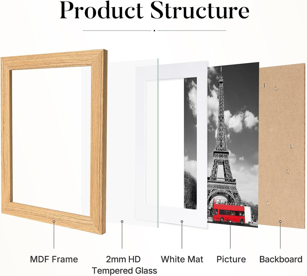 8x10 Picture Frame Set of 3, Tempered Glass, Natural Oak | Solid Wooden Photo Frame, Fits Photo 8x10 without Mat or