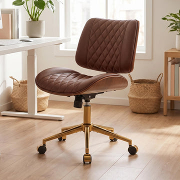 Armless Office Chair with Back, Mid Century Modern Walnut Style Desk Chair, No Arms Leather Computer Chair, Vanity