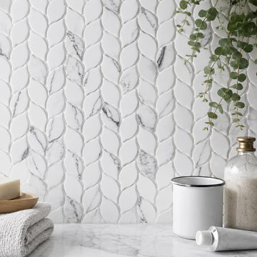 Recycled Glass Backsplash Tile, White Marble Leaf-Shaped, 5 Sheets