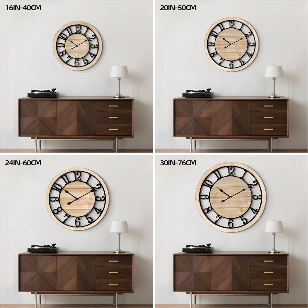 20 Inch Large Wall Clock - Rustic Wooden Silent Non-Ticking Wall Clock with Black Metal Frame