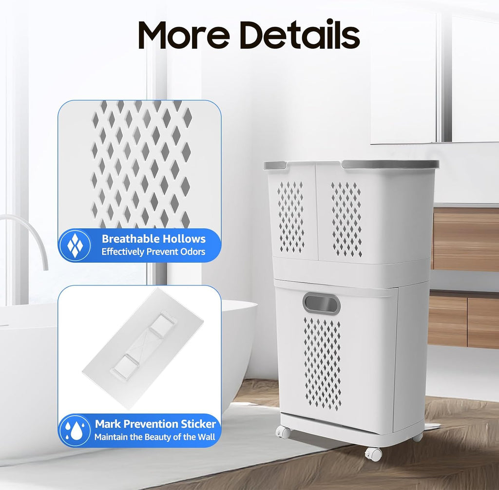 2 Tier Laundry Basket with Wheels & Handle, White Laundry Hamper Plastic 2 Section Laundry Sorter Floor-Standing