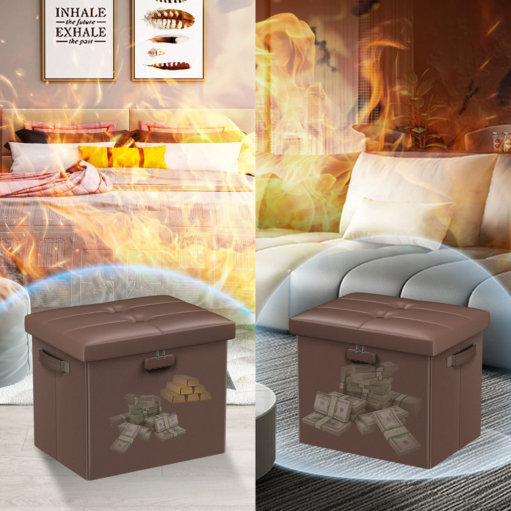 Storage Ottoman Foot Rest Stool with Lock & Handle, Fireproof Folding Leather Footstool Bench with Storage Safe