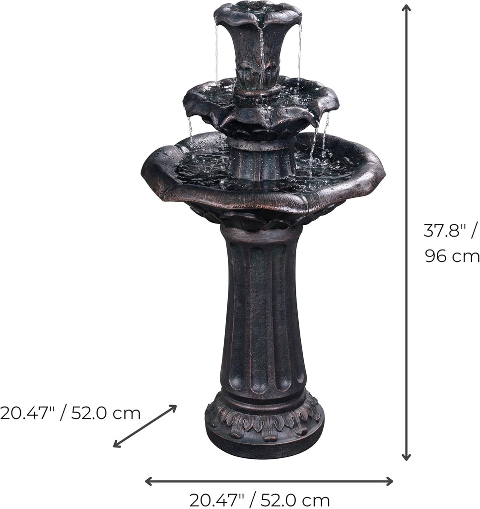 Lily Flower Floor Pedestal 3 Tiered Floor Waterfall Fountain with Pump Patio Garden Backyard Decking, 38 Inch Height