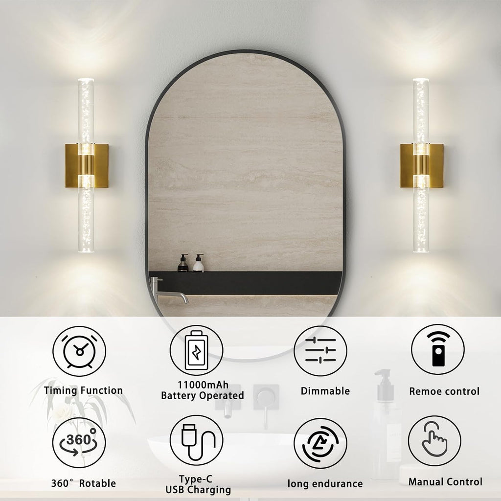 Battery Operated Wall Sconce Set of Two, Rechargeable Modern Crystal Bathroom Sconces, 3000K-6000K Dimmable Gold LED