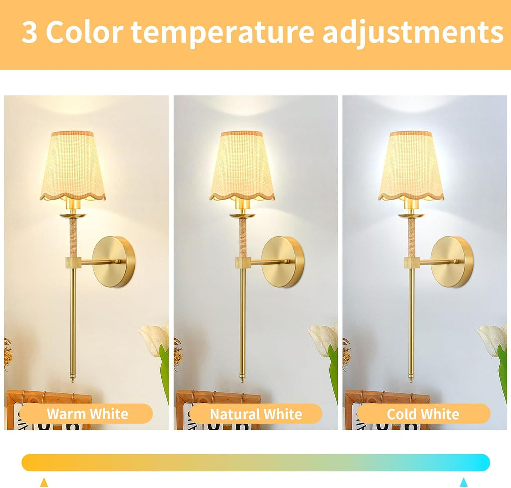 Boho Battery Operated Wall Sconce Set of 2, Gold Wireless Rechargeable Wall Lights with Rattan Shade, 12 RGB and 3CCT