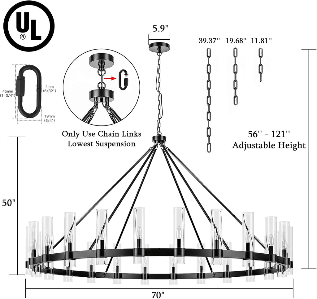 Inspired Ravelle Style 70 Inch Black Wagon Wheel Chandelier with Glass Shade, 24 Lights, Modern Farmhouse Style, Ideal for Dining Room, Kitchen, Entryways