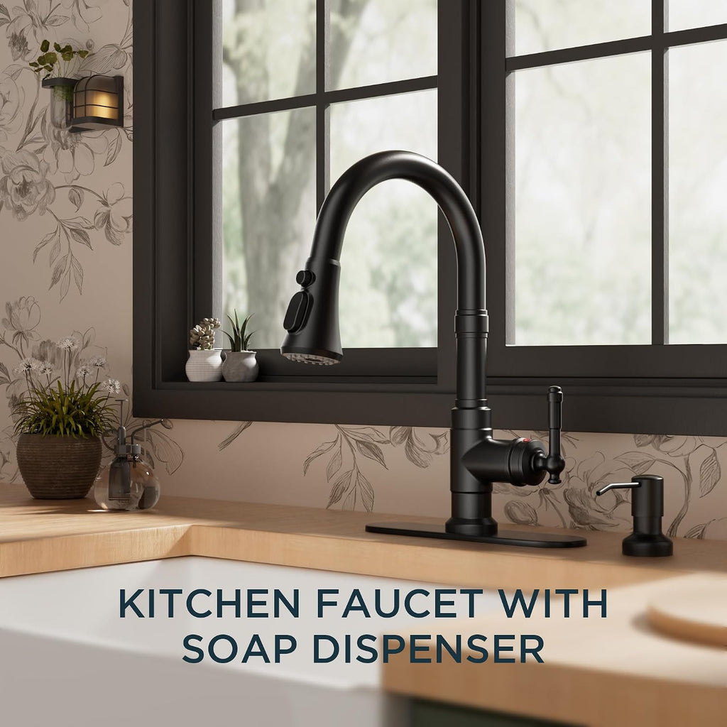 Vintage Kitchen Faucet with Soap Dispenser, Matte Black