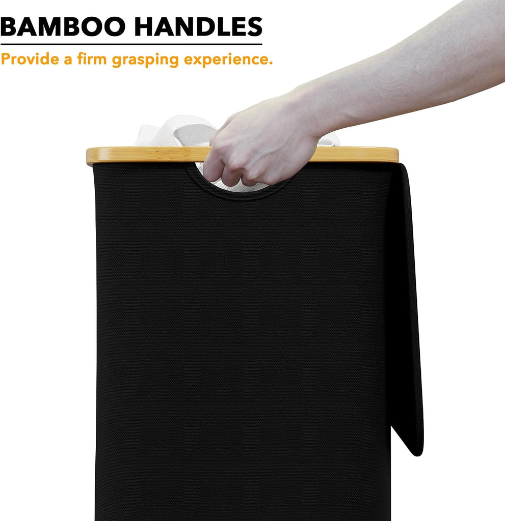 Laundry Hamper with Lid, 110L Large Tall Clothes Basket Bin with Bamboo Handles, Collapsible Laundry Hamper , Laundry