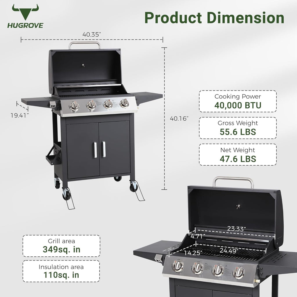 Propane Gas Grill with Wheels, Stainless Steel BBQ Grill for Patio and Backyard Cooking