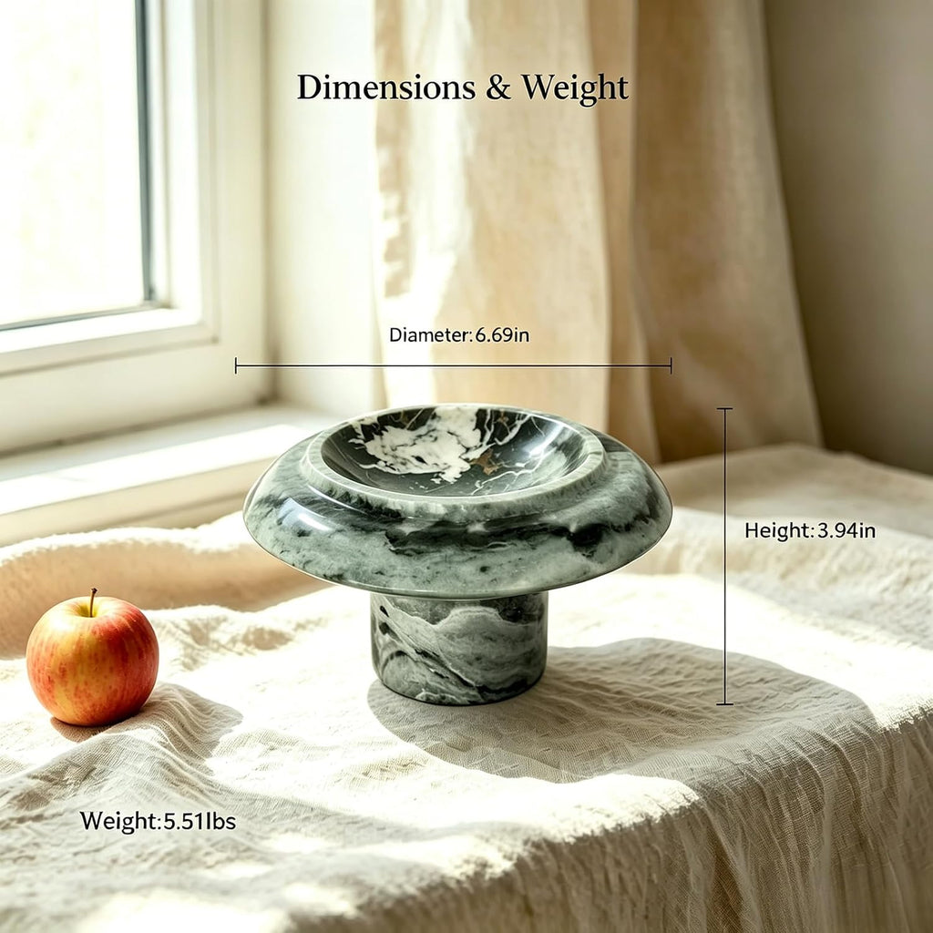 Green Natural Marble Mushroom Pedestal Tray 6.69" x 6.69" x 3.94", Decorative Footed Stone Bowl, Catchall Tray for