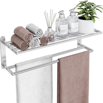 Towel Racks - 24 in Bath Towel Shelf with Double Towel Bar, Stainless Steel Towel Storage for Lavatory Wall Mounted