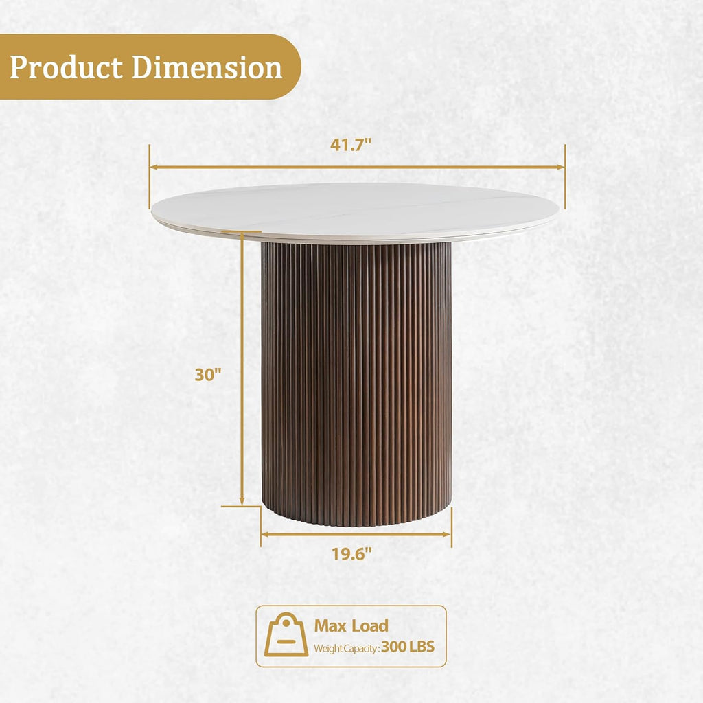 42 Inch Round Dining Table for 4, Modern Marble Dining Table with Fluted Solid Wood Base for Kitchen, Dining Room and Apartment