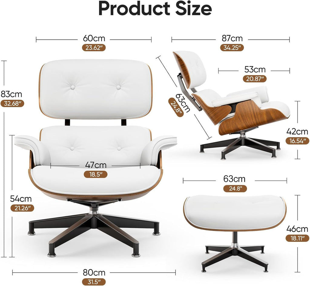 Mid-Century Modern Lounge Chair & Ottoman — White PU Leather, Walnut Base, Standard