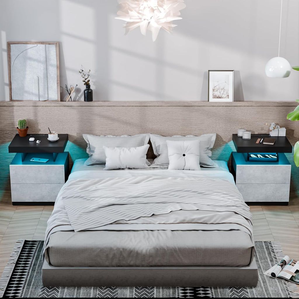 LED Nightstand with Wireless Charging Station & USB Ports High Gloss Bedside Table with LED Light RGB Adjustable
