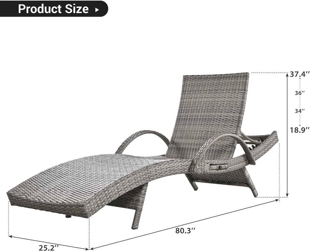 Chaise Lounge Outdoor Set of 2, Rattan Pool Loungers Chairs Set of 2 with Armrests & Pull-Out Side Table, Patio