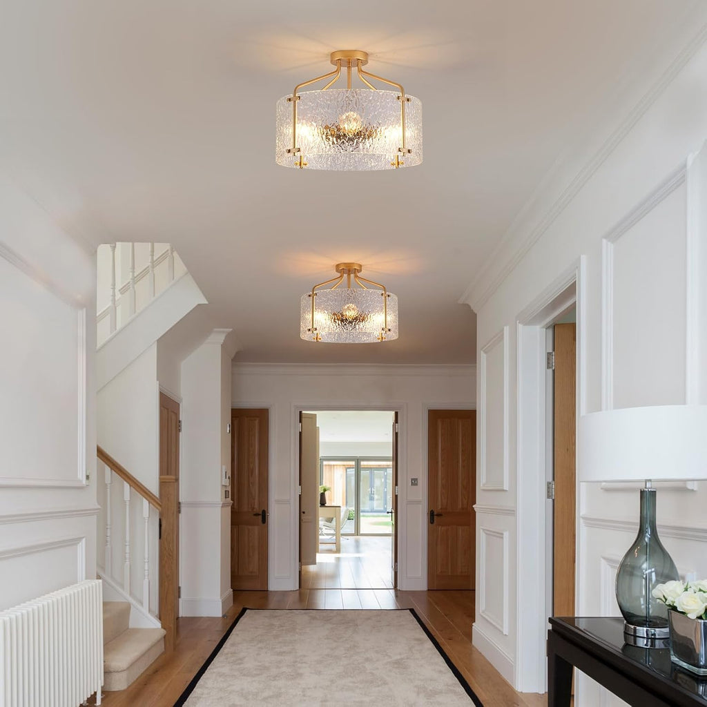 Semi Flush Mount Ceiling Light Fixture,Glass Drum Kitchen Lighting Fixtures Ceiling,18''Gold Modern Light Fixture
