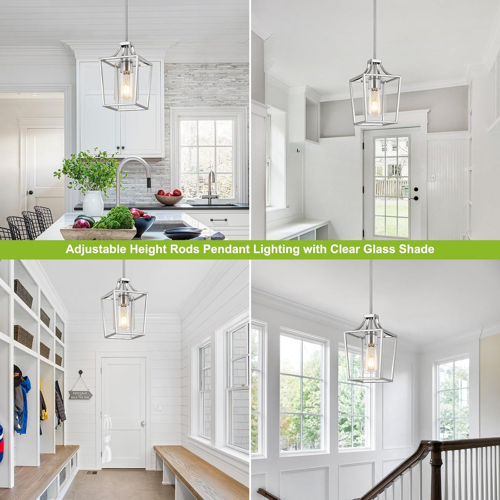 Brushed Nickel Lantern Pendant Light Fixture Pendant Lights for Kitchen Island with Clear Glass Shade, Adjustable