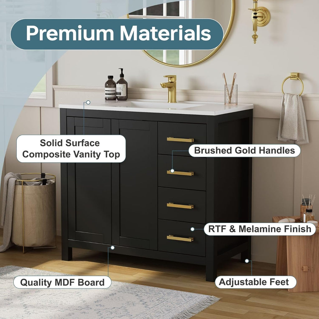 36" Black Single Sink Bathroom Vanity with Integrated Top - Freestanding Vanity Cabinet