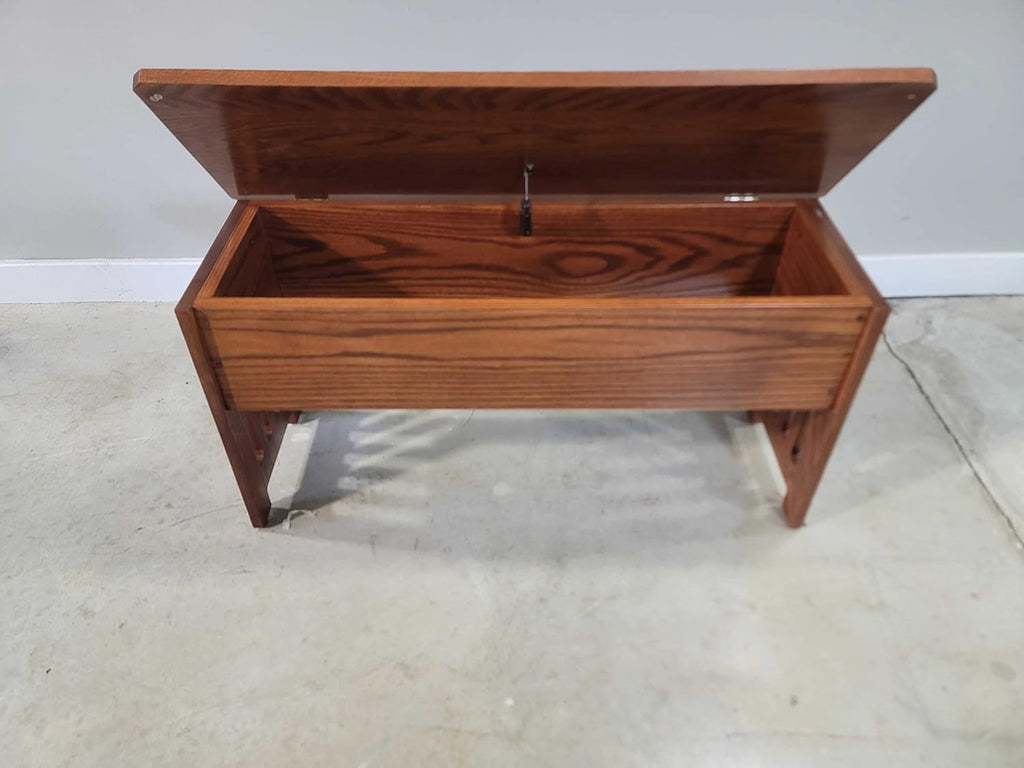 Wooden Storage Bench with Lid, Mission Style, Solid Oak Wood with Slats and Anti-Slam Hinges, 60'', Cherry Stain