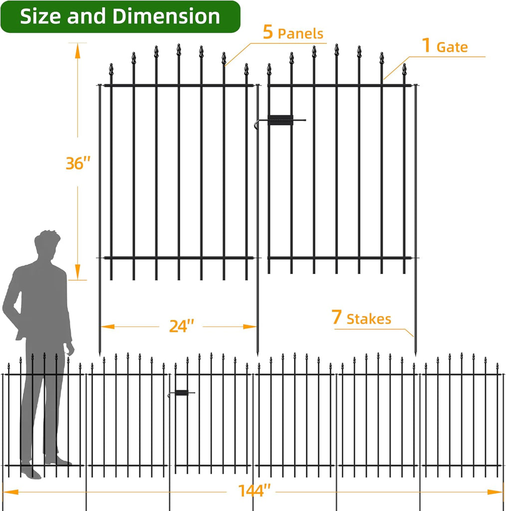 Metal Garden Fence with Gate 36 in H x 12 ft L, 1 Gate + 5 Panels Border Dog Fence Panels Animal Barrier, No Dig