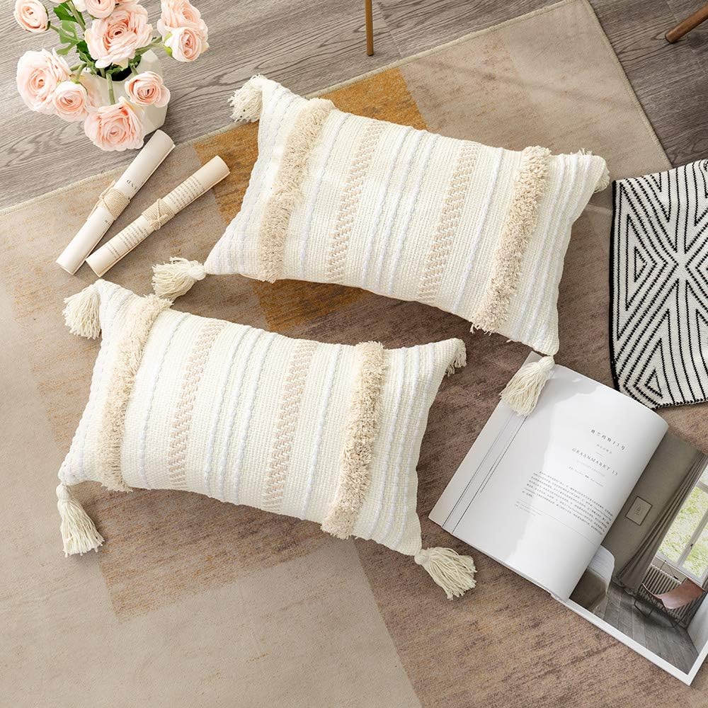 Lumbar Decorative Boho Throw Pillow Cover, 12 x 20 Farmhouse Cute Pillowcase Minimalist Neutral Collection Cream