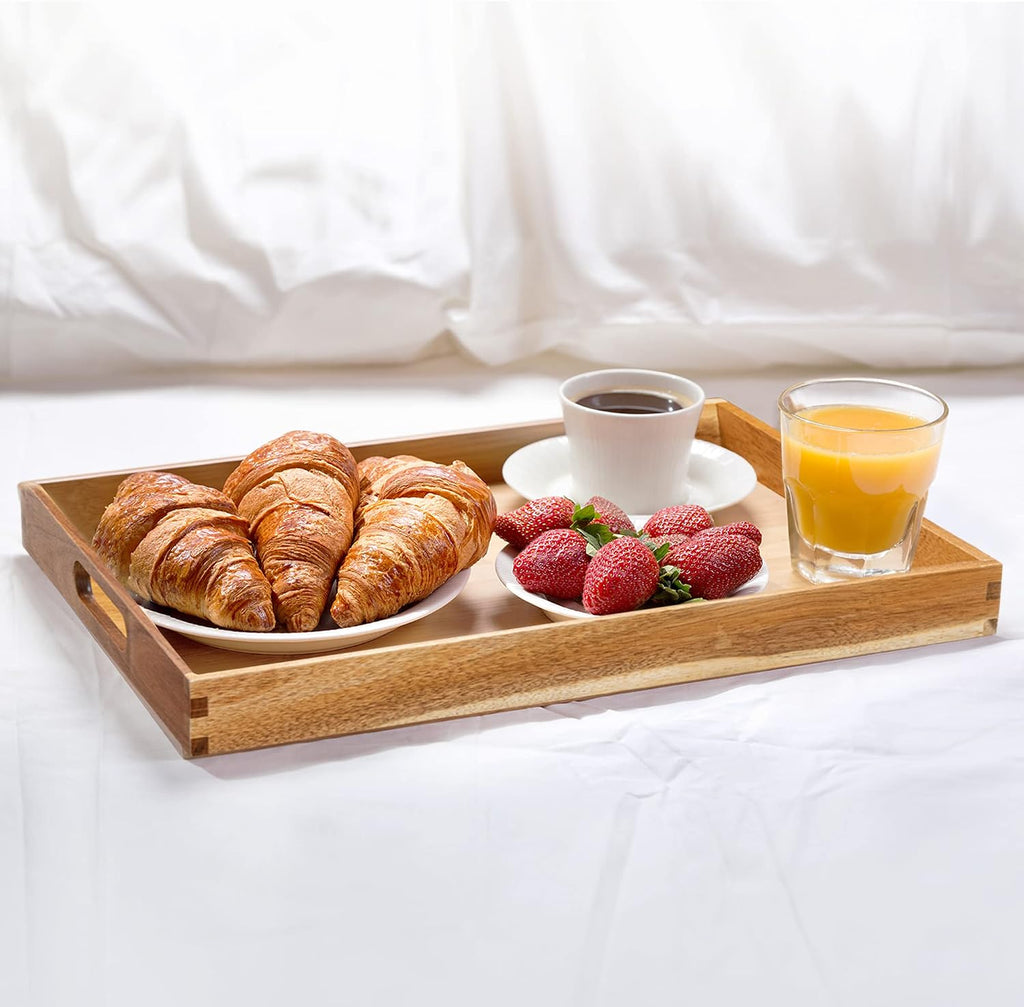 17-Inch Acacia Wood Serving Trays with Handles, Set of 2 - Decorative Wooden Trays for Coffee Table, Ottoman, Living