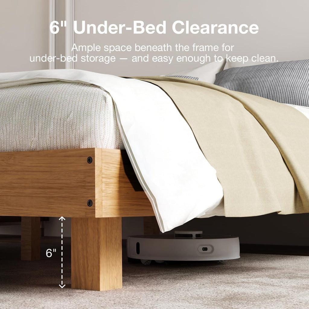 Floating Solid Wood King Size Bed Frame with Motion Sensor LED Light & Charging Station, Heavy Duty Platform Bed