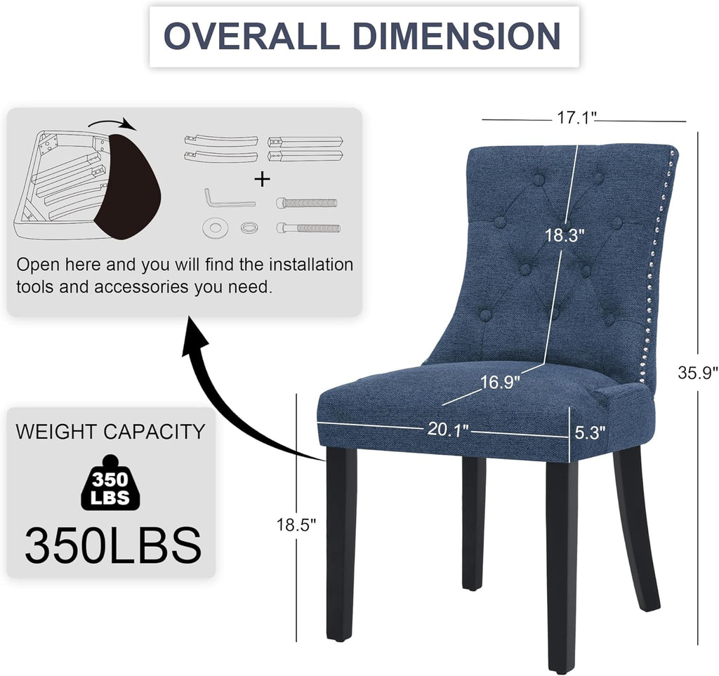 Upholstered Tufted Dining Chairs Set of 2, Fabric Side Dining Room Chairs with Nailhead Back Ring Pull Trim Solid