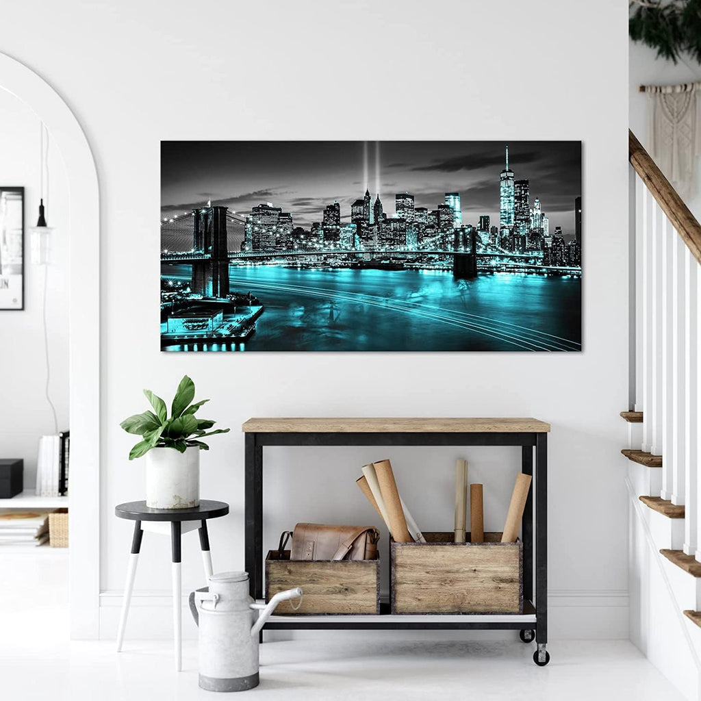 New York City Canvas Wall Art Black White Brooklyn Bridge Pictures Teal NYC Skyline Cityscape Artwork Bedroom Modern