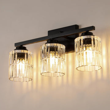 Black 3-Light Bathroom Vanity Light with Fluted Cylinder Glass Shade | Modern Vanity Lighting Fixtures, Bathroom