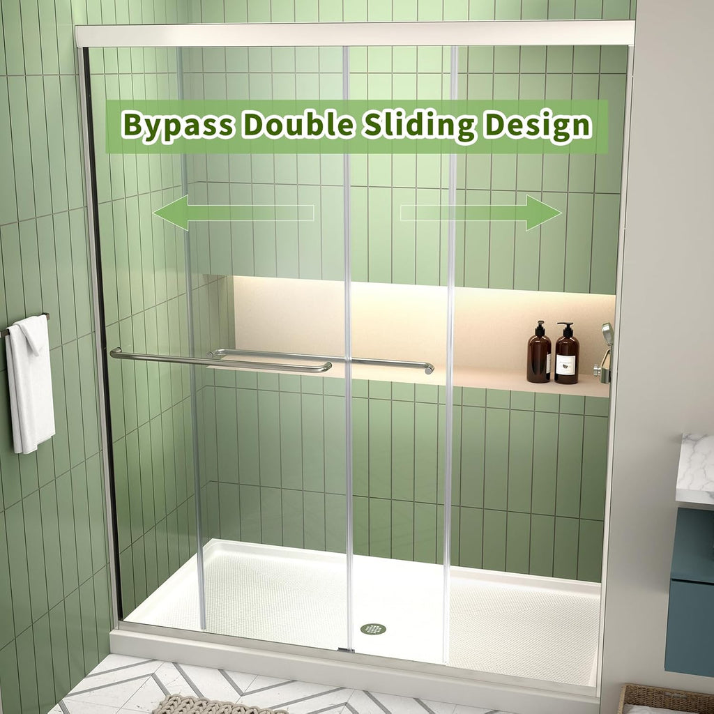 56-60" W x 70" H Semi-Frameless Shower Door, Double Sliding Shower Door with 1/4" (6mm) Clear SGCC Tempered Glass