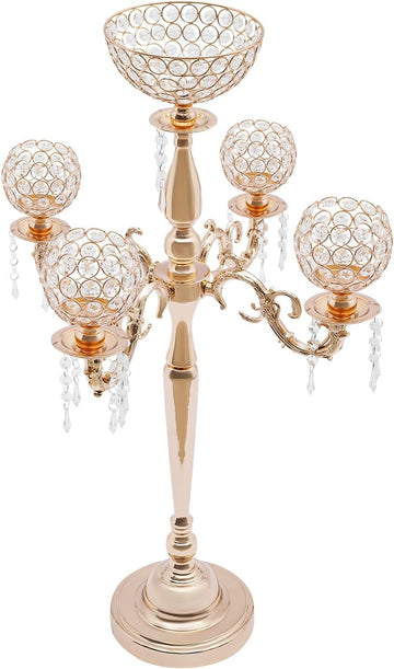 Gold/Sliver 5 Arm Crystal Floor Candelabra Wedding Table Centerpieces,35 Inches Tall Candlesticks Candle Holder Stand