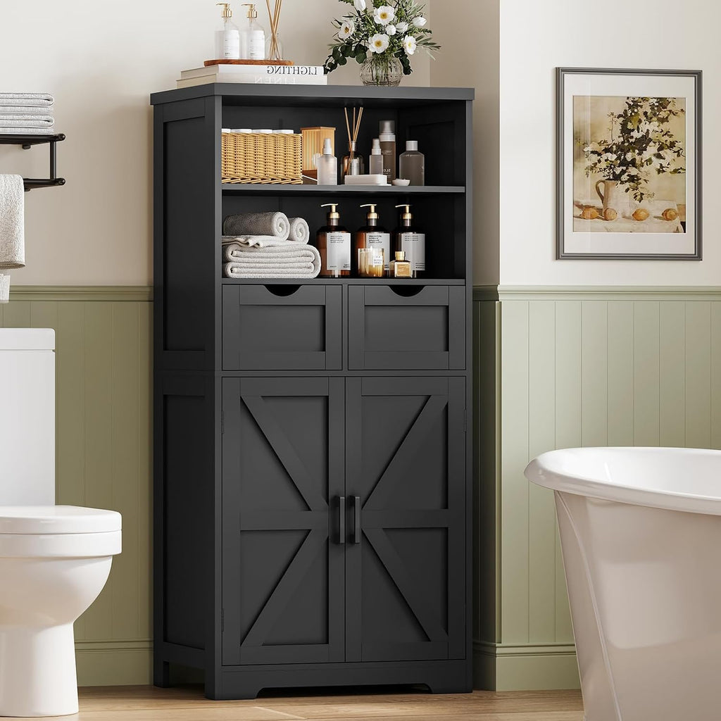 Storage Cabinet with Doors & 2 Drawers, Kitchen Cabinet with Adjustable Shelf, Pantry Cabinets, Bathroom Cabinets