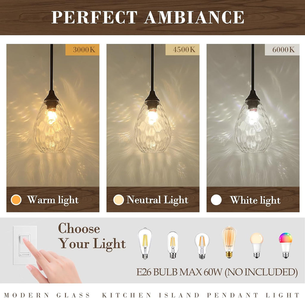 Glass Pendant Lights Kitchen Island, 1-Light Modern Black Pendant Light Fixtures with Hammered Glass and Rods, Small