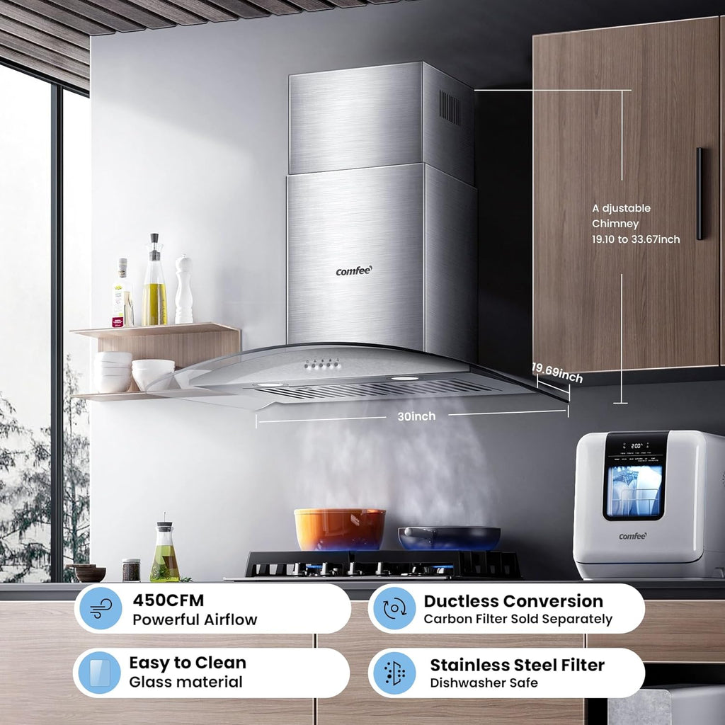 30 Inch Stainless Steel Wall Mount Range Hood 450 CFM 3 Speed LED Lights, Baffle Filters, Convertible Ducted/Ductless Glass Canopy