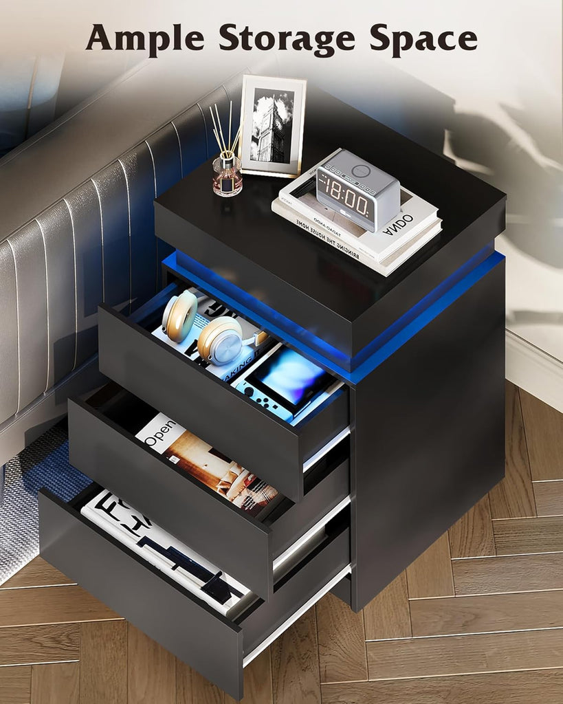 Black Nightstand with Charging Station & LED Lights, Modern Night Stand with 3 Drawers and Sliding Top, Bedside Table