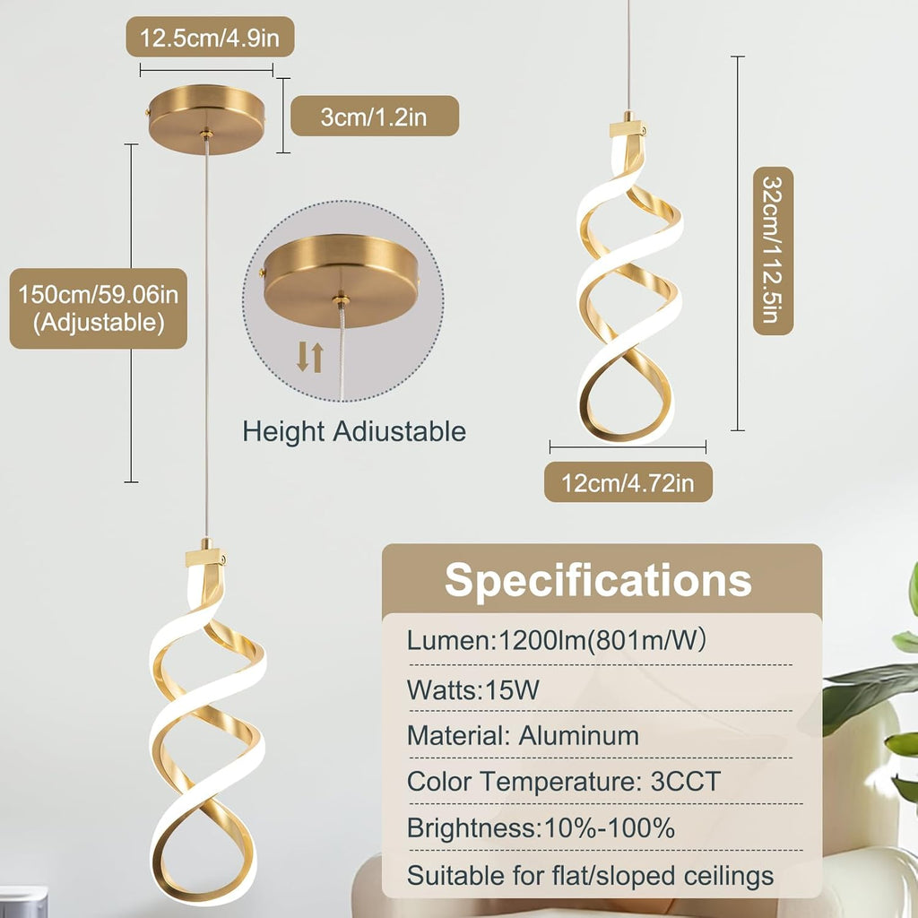 Modern Led Pendant Light Fixture, 15W Spiral Led Chandelier Hanging Lamp, 3000K-6000K, Dimmable Pendant Lamp