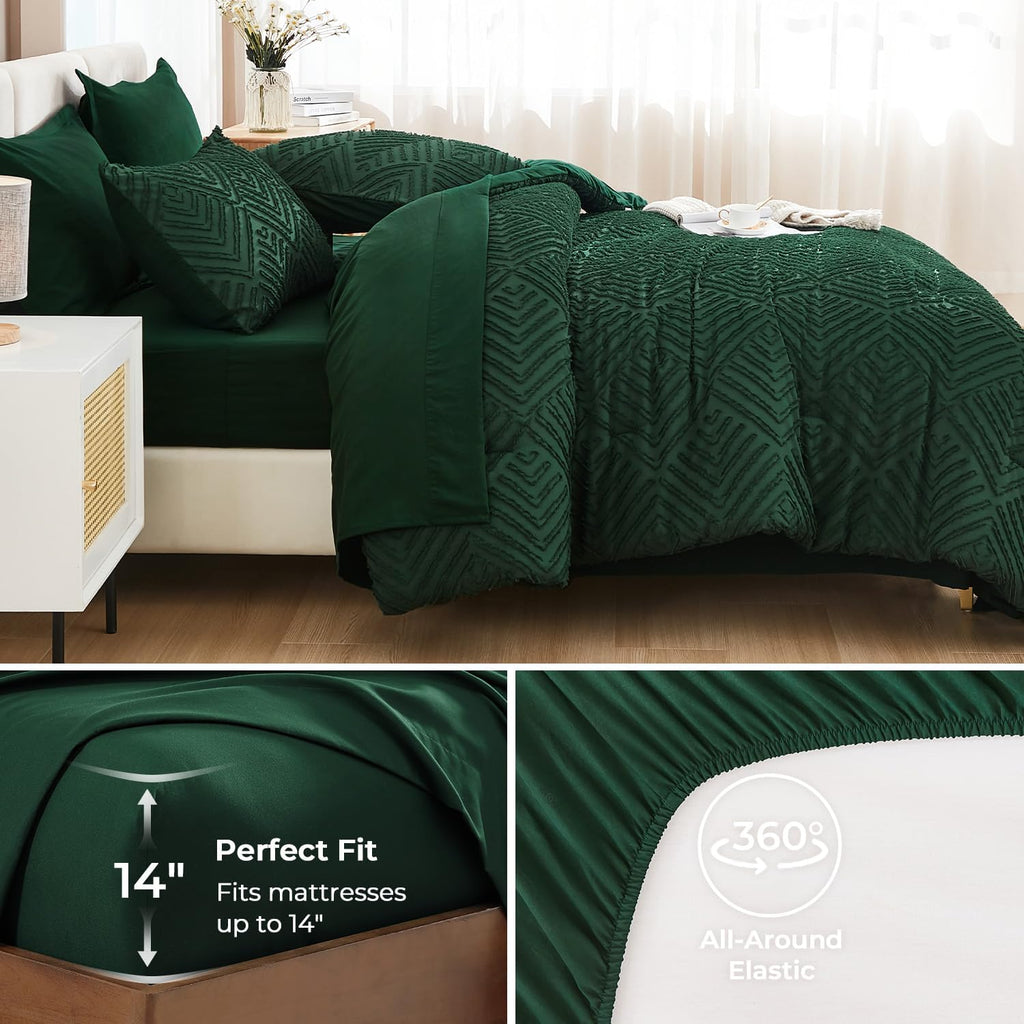 Queen Comforter Set with Sheets, Dark Emerald Green - Set of 7