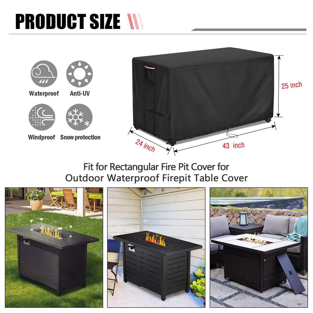 Fire Pit Cover Rectangular Waterproof 600D, 43 x 24 x 25 Inch Black