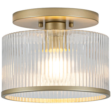 Glass Ceiling Light, Clear Ribbed Glass Ceiling Light Fixture with Gold Metal Frame, Modern Semi Flush Mount Ceiling